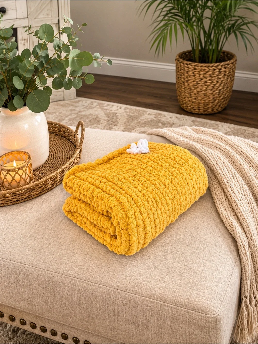 🌼 Handmade Mustard Floral Chunky Knit Blanket – 46” x 48” 🌼